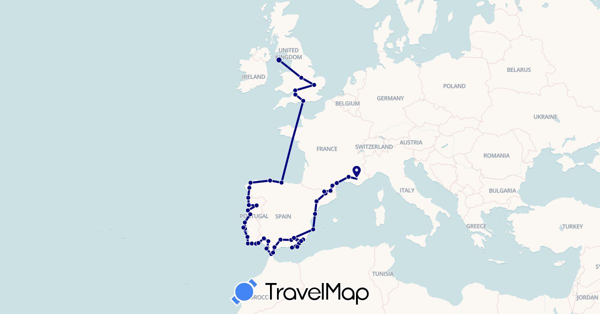 TravelMap itinerary: driving in Andorra, Spain, France, United Kingdom, Isle of Man, Portugal (Europe)